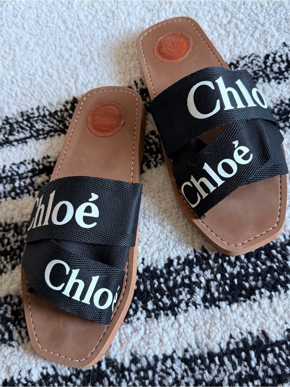 Chloe' Black Logo Ribbon Slide Sandals Size 8